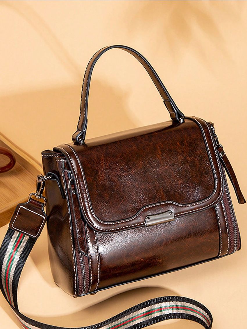 Stitch Detail Square Bag Flap PU Brown