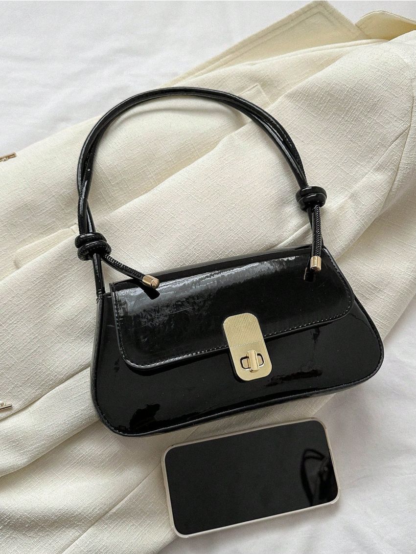 Small Flap Baguette Bag Turn Lock Black Knot Design Strap