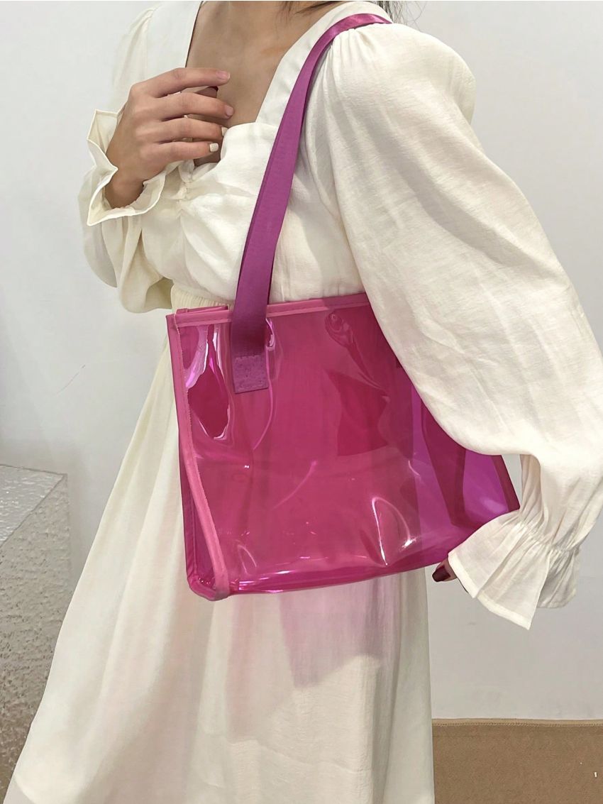Small Shoulder Tote Bag Clear PVC Neon Pink