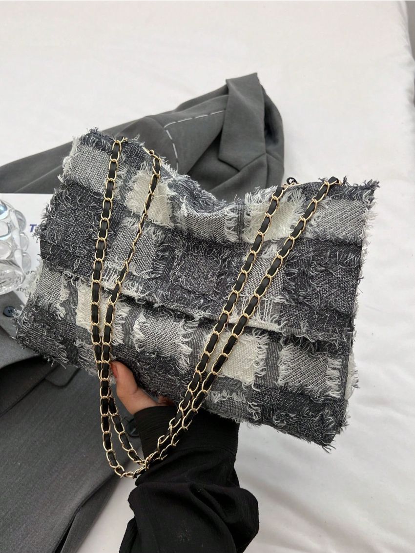Medium Messenger Bag Raw Hem Detail Chain Strap