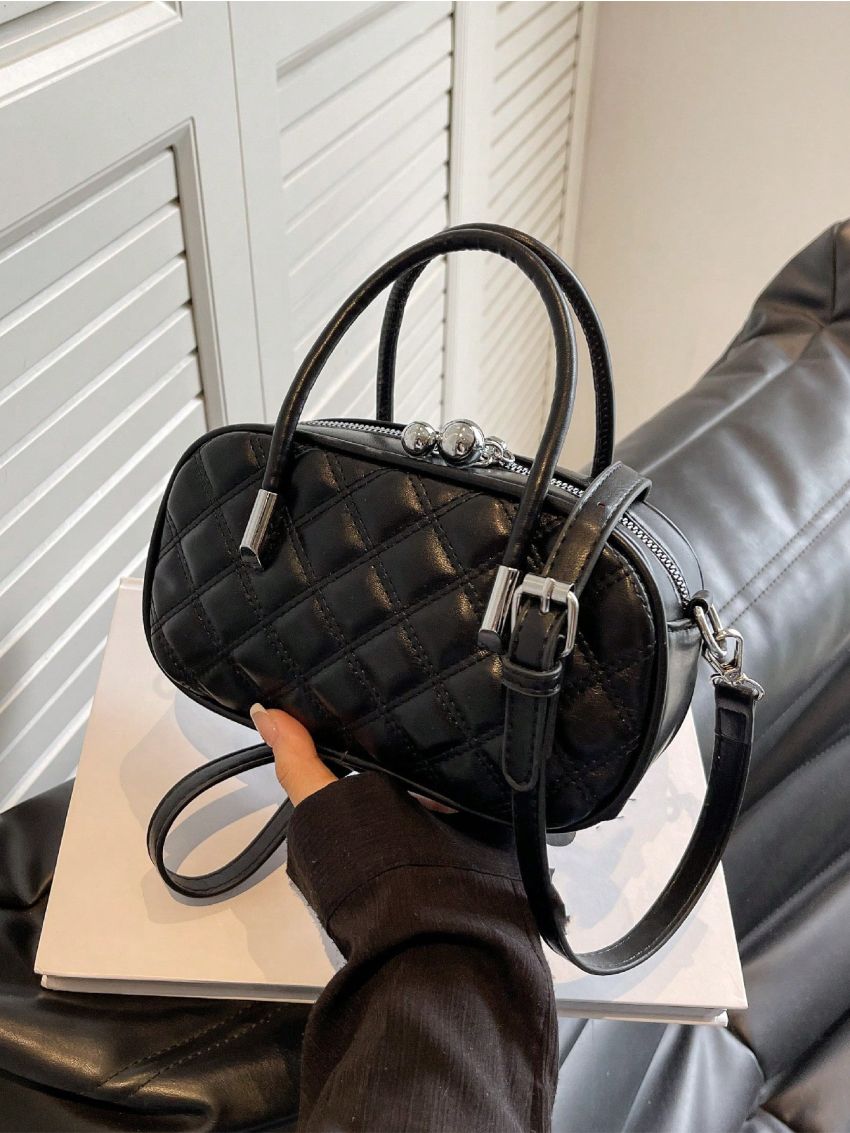 Quilted Square Bag Black Double Handle For Daily