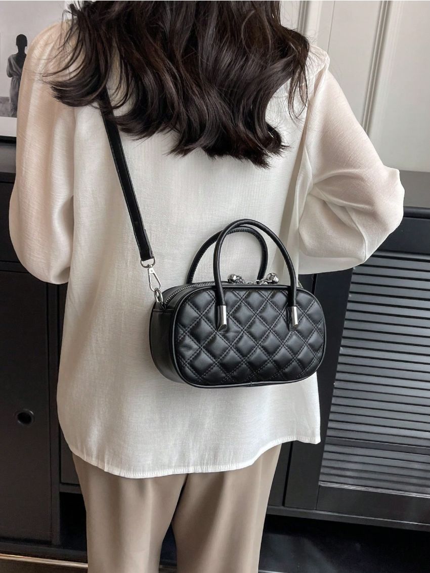 Quilted Square Bag Black Double Handle For Daily