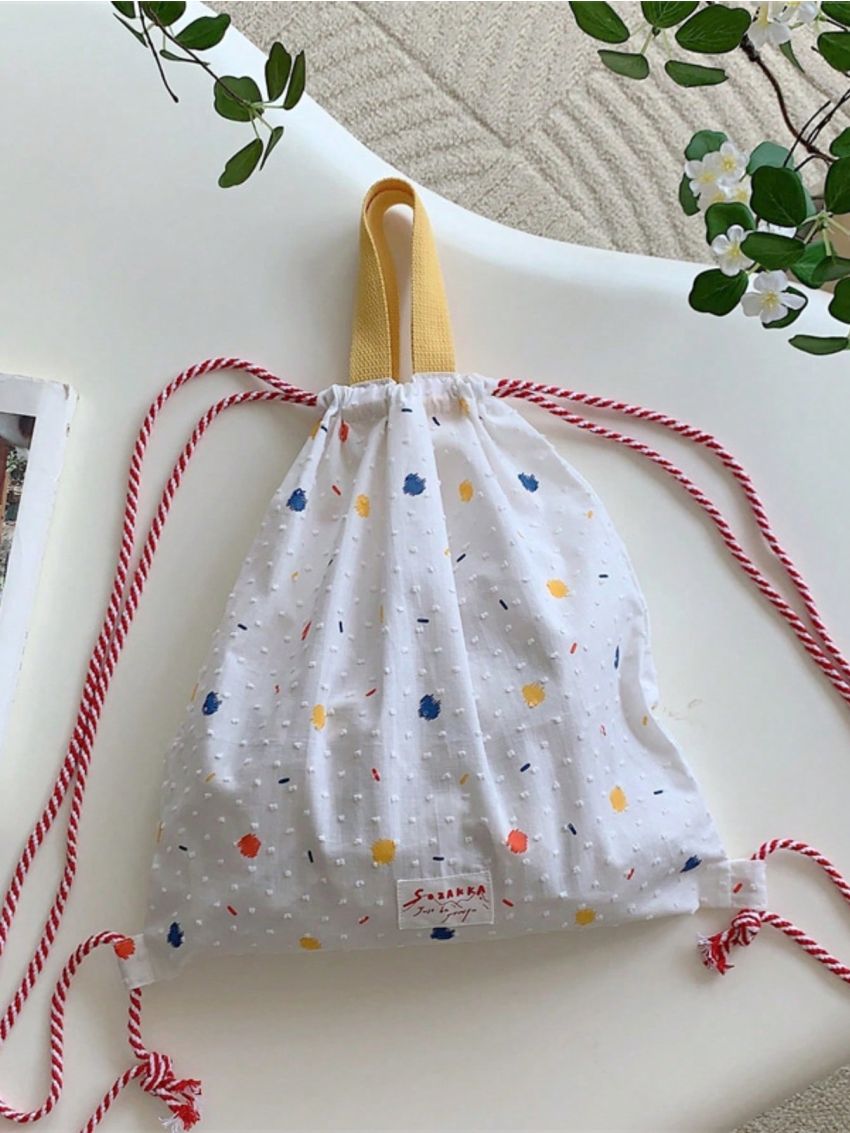 Polka Dots Pattern Drawstring Backpack Letter Patch Fashionable For Daily