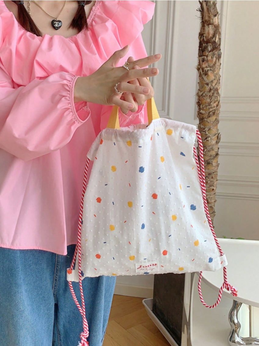 Polka Dots Pattern Drawstring Backpack Letter Patch Fashionable For Daily