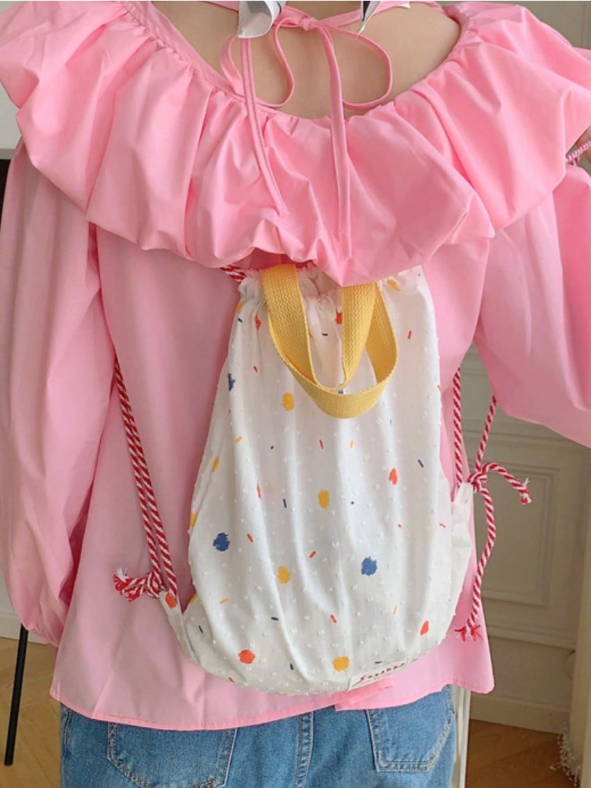 Polka Dots Pattern Drawstring Backpack Letter Patch Fashionable For Daily