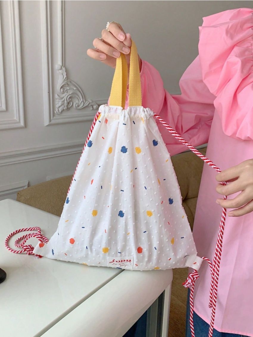 Polka Dots Pattern Drawstring Backpack Letter Patch Fashionable For Daily