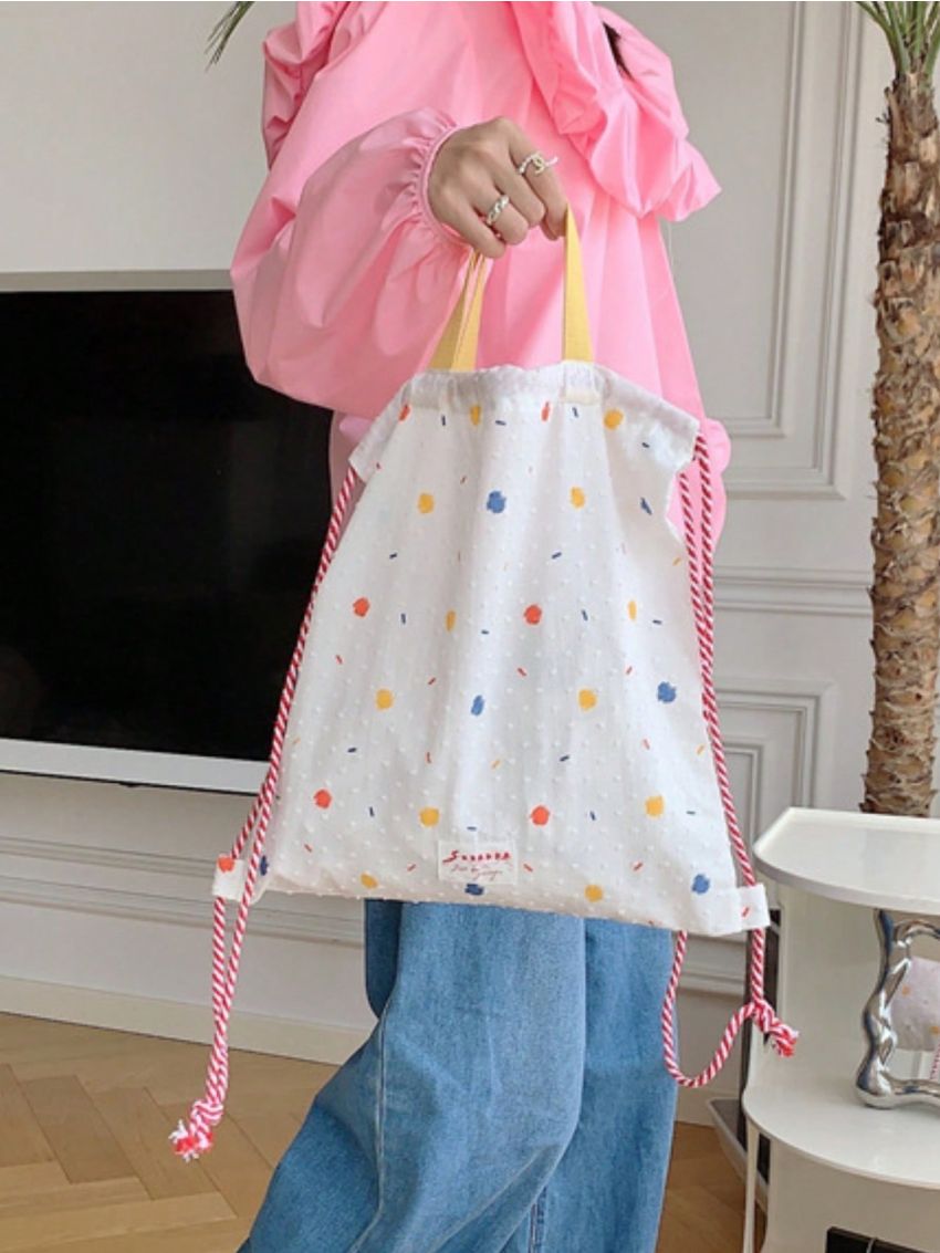 Polka Dots Pattern Drawstring Backpack Letter Patch Fashionable For Daily