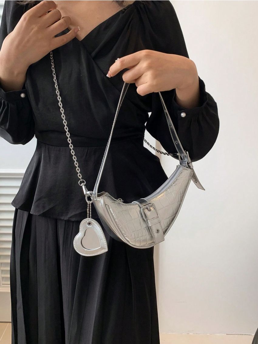 Crocodile Embossed Hobo Bag Buckle Decor Silver Funky