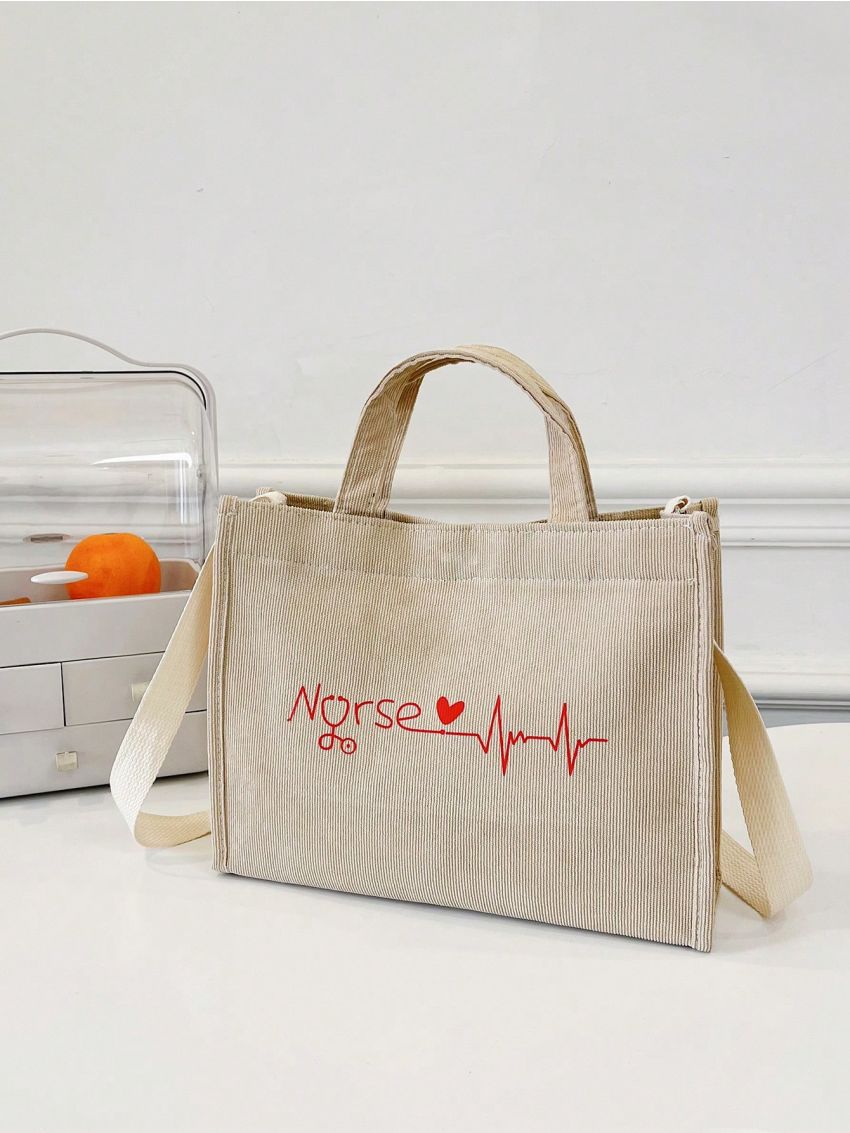 Letter Print Top Handle Bag Beige Corduroy For Daily