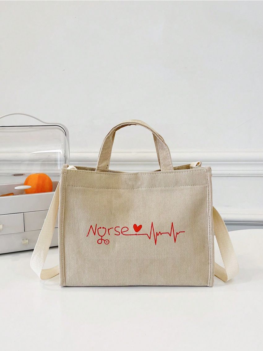 Letter Print Top Handle Bag Beige Corduroy For Daily