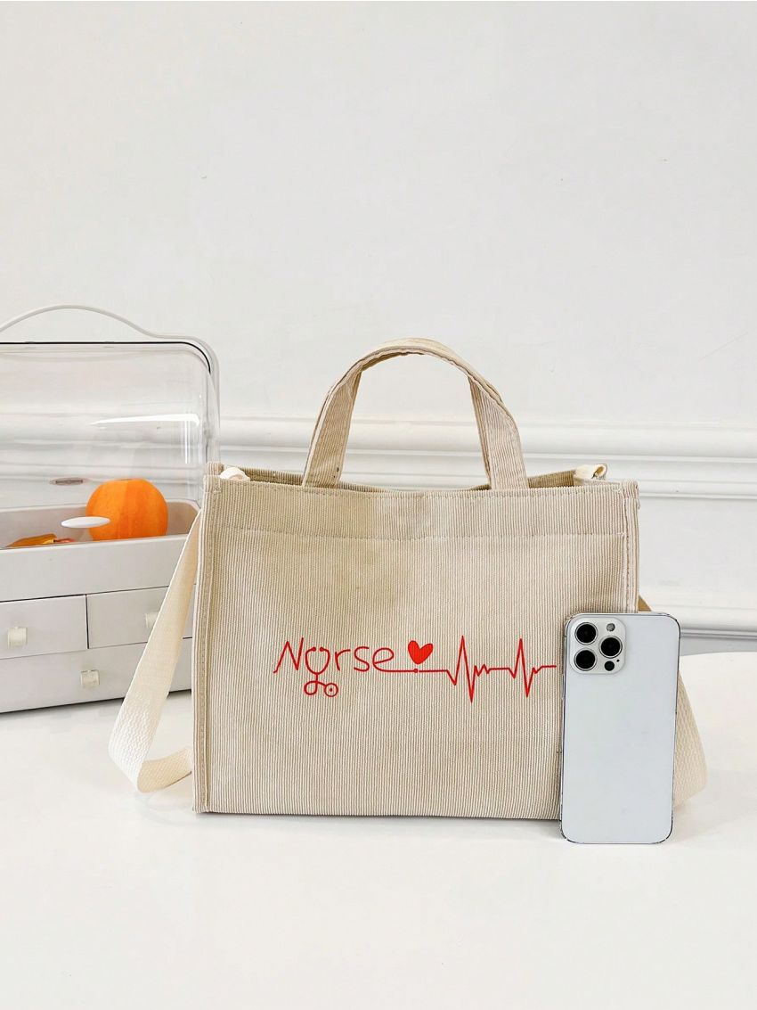 Letter Print Top Handle Bag Beige Corduroy For Daily