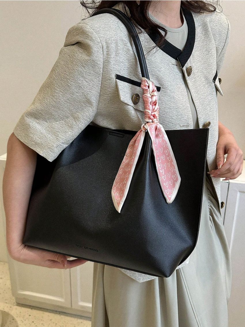 Large Capacity Tote Bag Double Handle Solid Color Twilly Scarf Decor