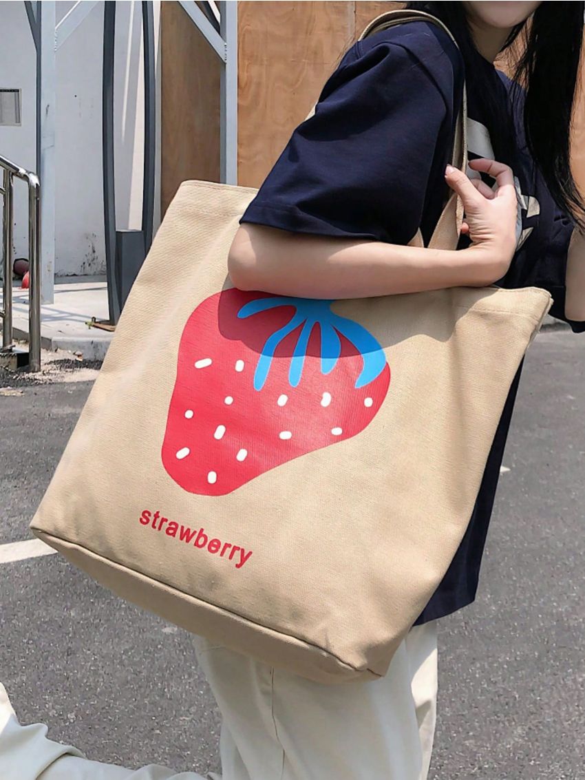 Large Capacity Shopper Bag Cute Cartoon Strawberry Print Double Handle
