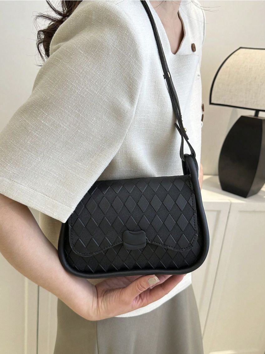 Small Saddle Bag Argyle Embossed Flap Fashion Style