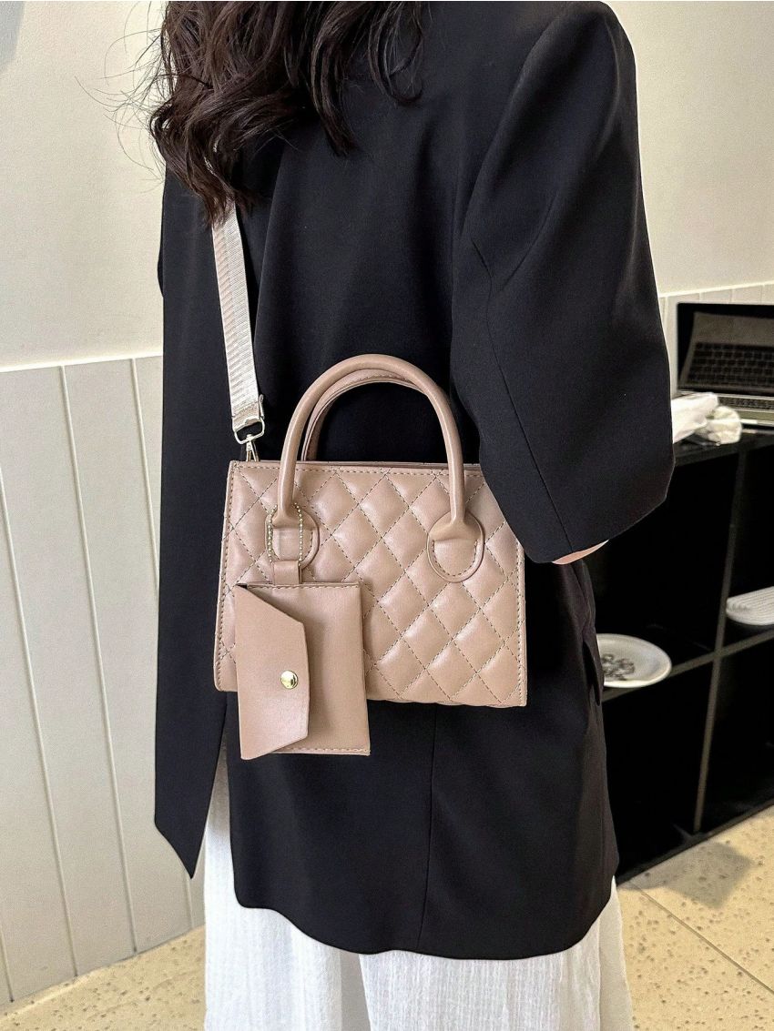 Elegant Style Square Bag Quilted Double Handle With Coin Purse