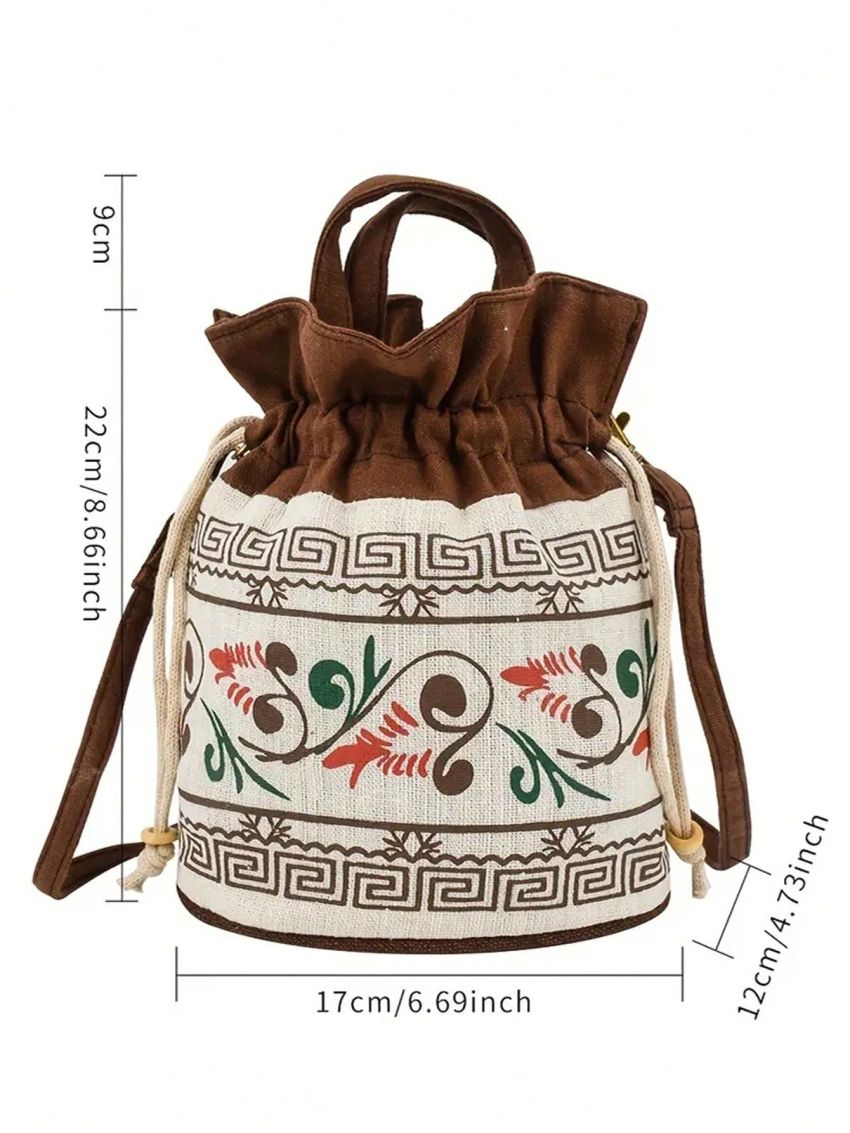 Mini Women's Printed Drawstring Crossbody Bag, Vintage Bucket Bag