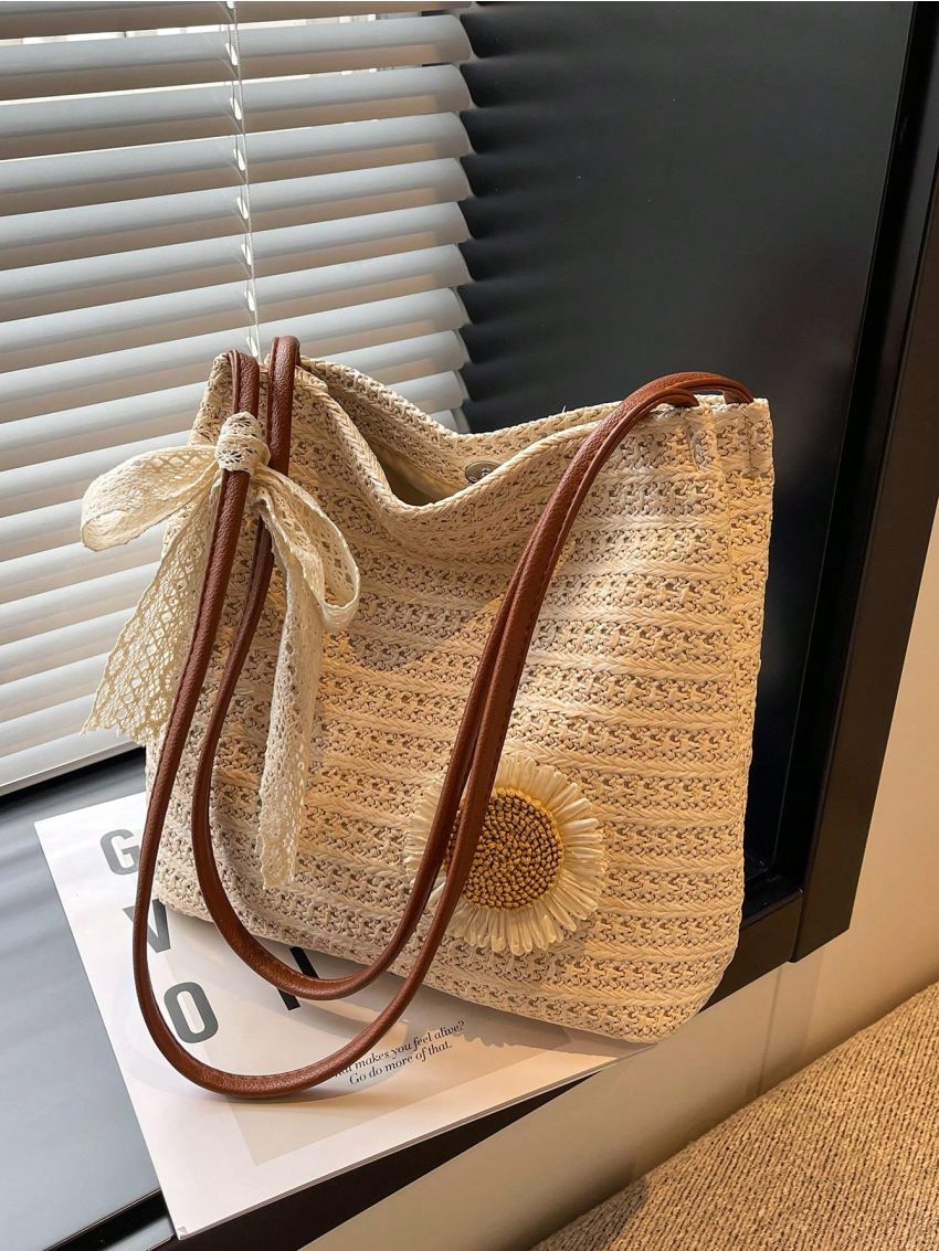 Medium Straw Bag Paper Flower & Twilly Scarf Decor