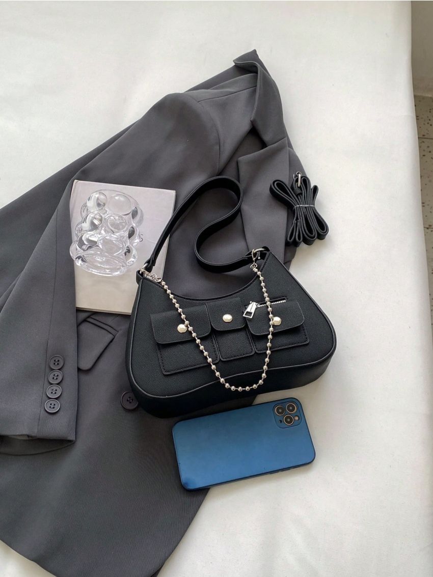 Small Hobo Bag Solid Color Chain Decor