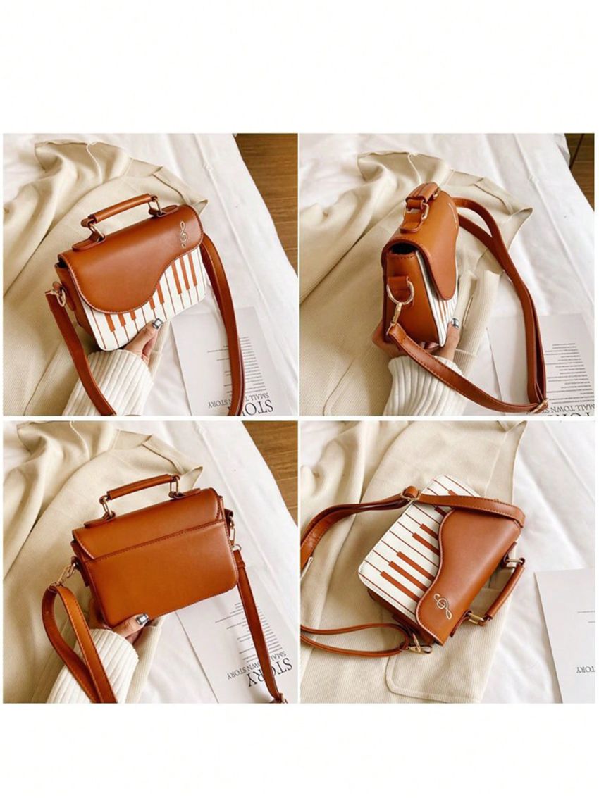 Mini Piano Keyboard Square Bag Top Handle Brown