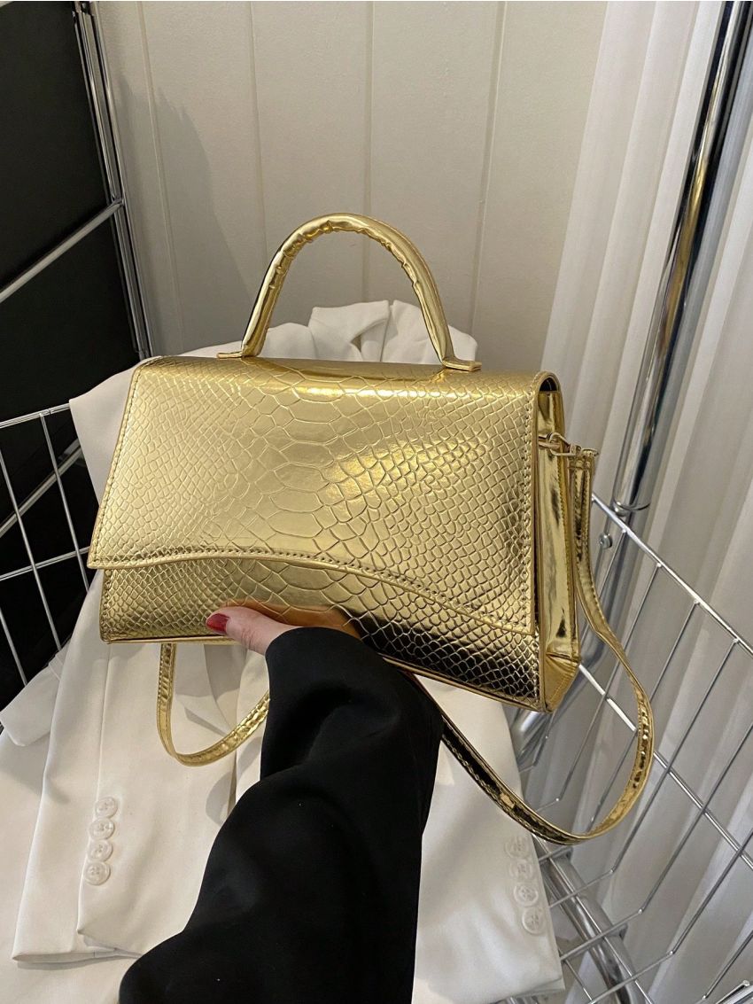 Snakeskin Embossed Square Bag Flap Metallic Funky