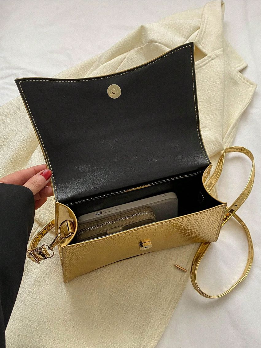 Snakeskin Embossed Square Bag Flap Metallic Funky