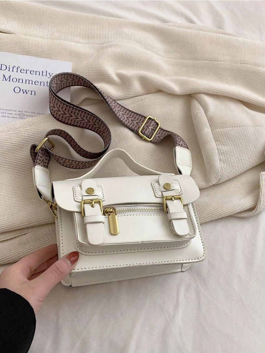 Mini Square Bag Buckle Decor Black Flap For Work