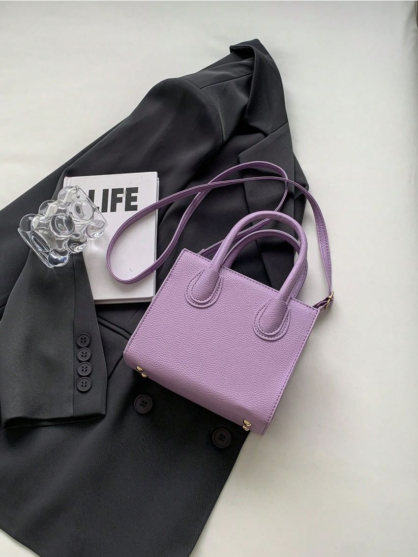 Mini Square Bag Litchi Embossed Purple Fashionable For Daily