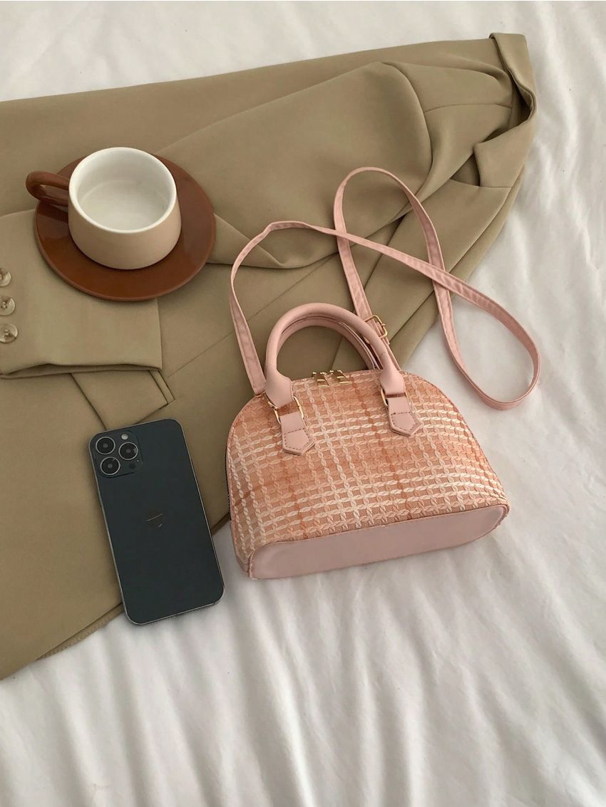 Small Dome Bag Ombre Plaid Pattern Zipper PU