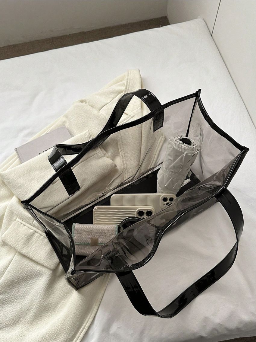 Large Beach Bag Minimalist Contrast Binding, Clear Bag