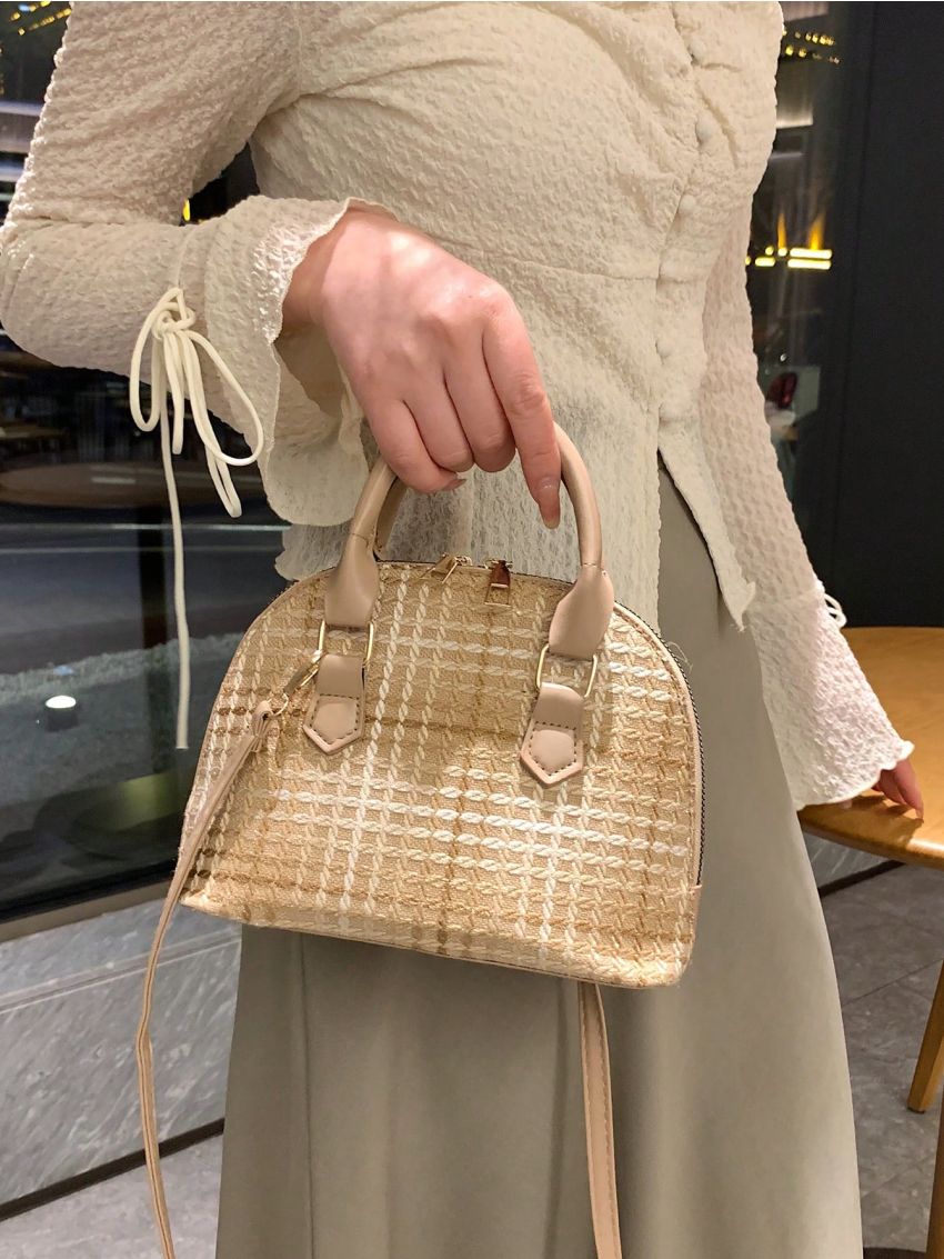 Small Dome Bag Ombre Plaid Pattern Double Handle Zipper PU