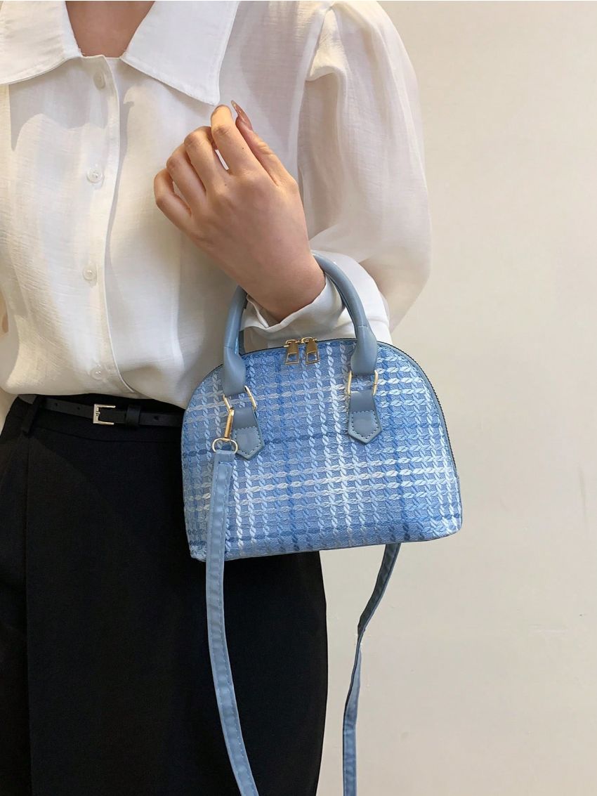 Small Dome Bag Plaid Pattern Zipper Double Handle PU