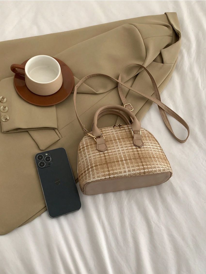 Small Dome Bag Ombre Plaid Pattern Double Handle Zipper PU