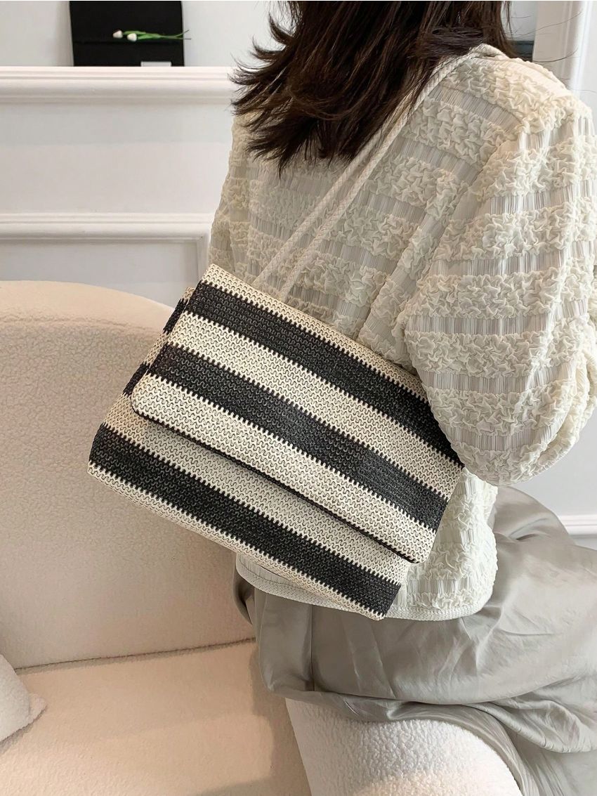 Stripe Pattern Square Bag Braided Double Handle