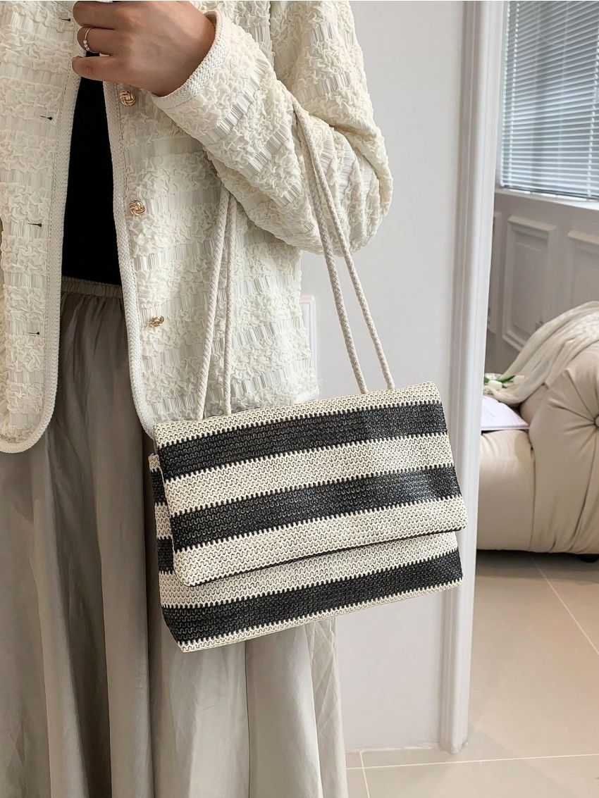 Stripe Pattern Square Bag Braided Double Handle
