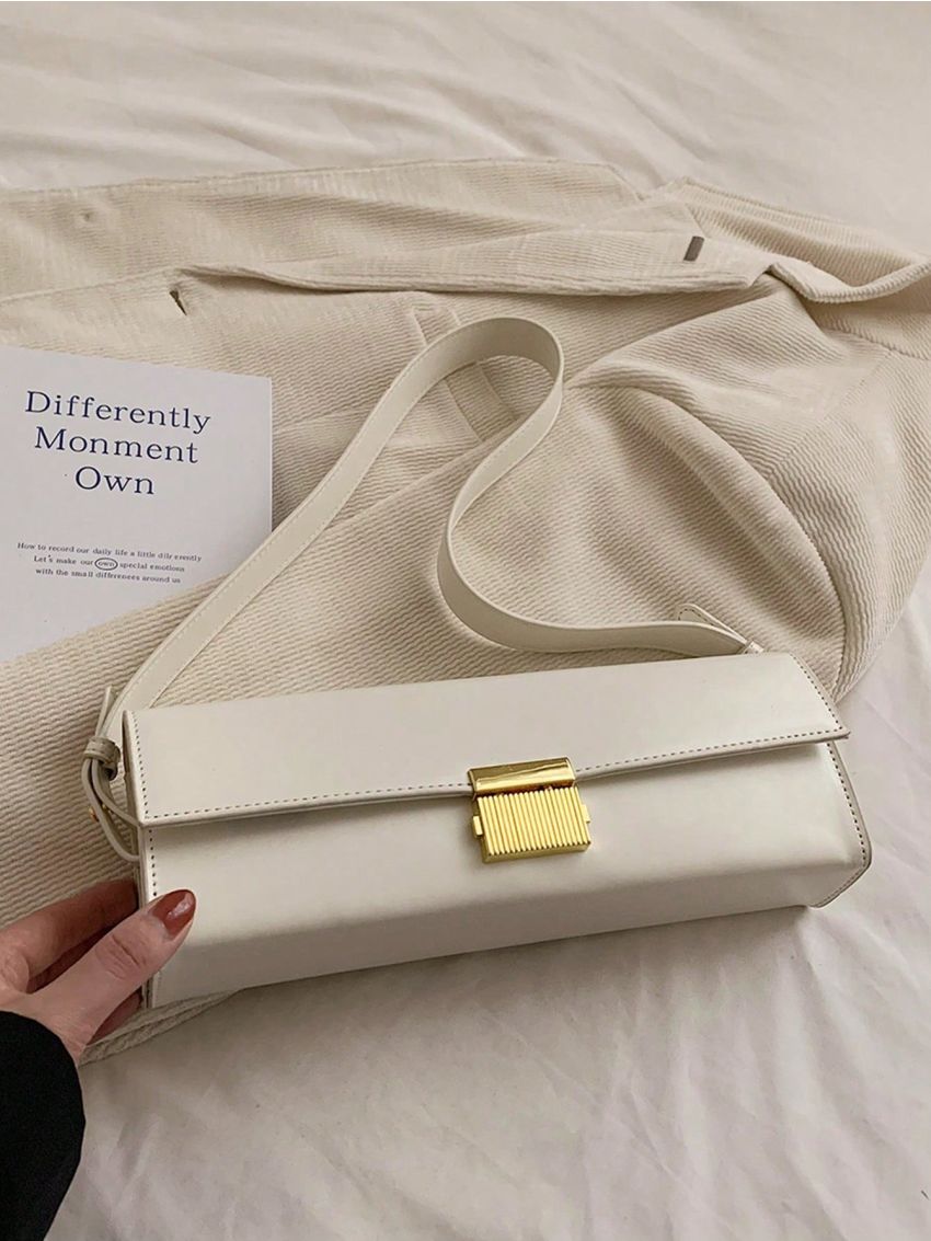 Metal Decor Baguette Bag Flap PU Brown