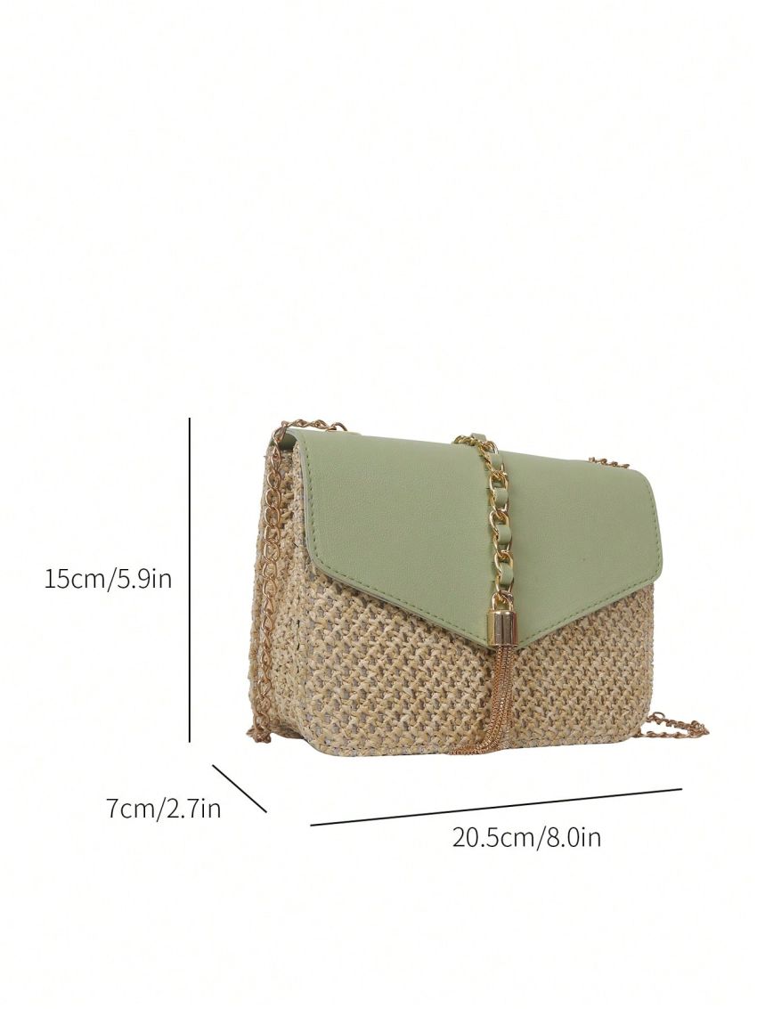 Two Tone Straw Bag Tassel Decor Vacation Flap