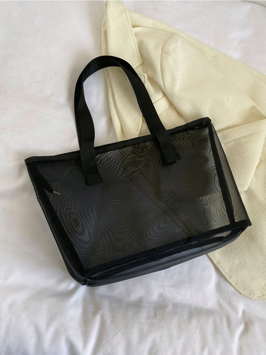 Large Beach Bag Letter Graphic Double Handle Zipper Polyester