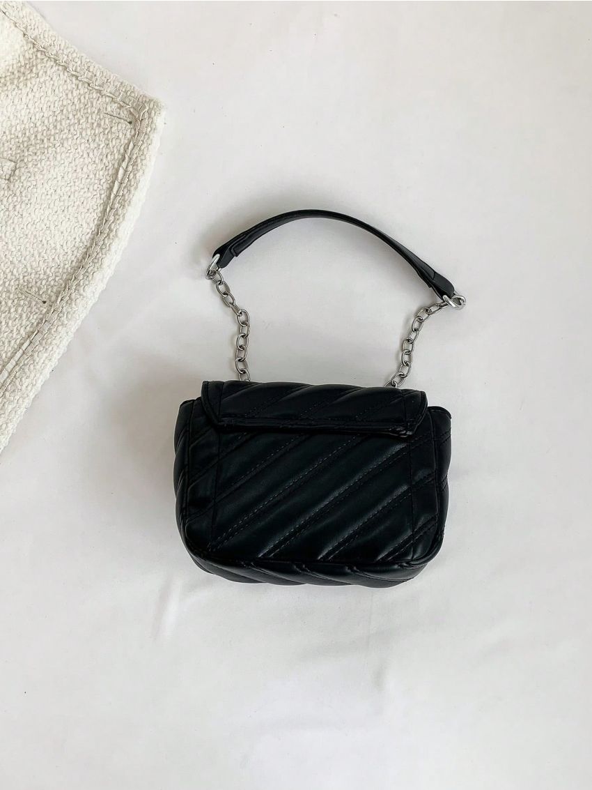 Mini PU Square Bag Letter Patch Decor Quilted Detail Flap Chain