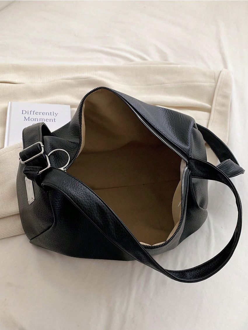 PU Hobo Bag Litchi Embossed Zipper Adjustable Strap White