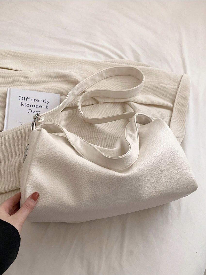 PU Hobo Bag Litchi Embossed Zipper Adjustable Strap White