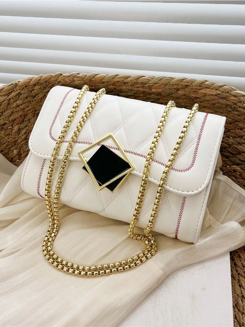 PU Square Bag Lozenge Pattern Metal Decor Flap Chain White