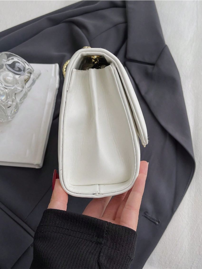 PU Square Bag Lozenge Pattern Metal Decor Flap Chain White