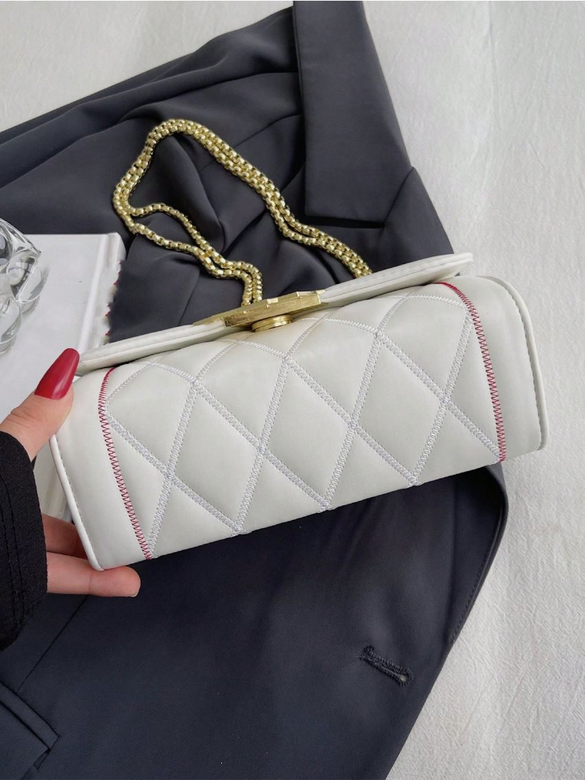 PU Square Bag Lozenge Pattern Metal Decor Flap Chain White