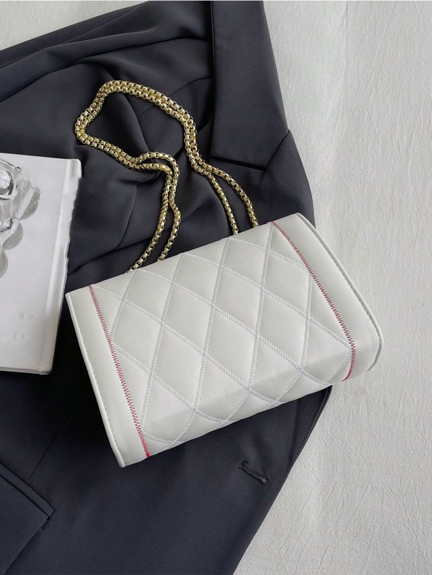 PU Square Bag Lozenge Pattern Metal Decor Flap Chain White
