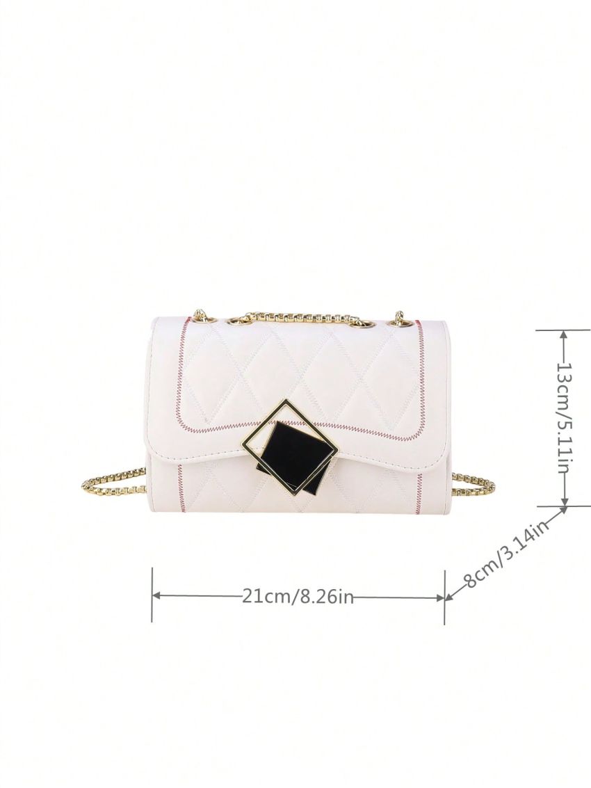 PU Square Bag Lozenge Pattern Metal Decor Flap Chain White