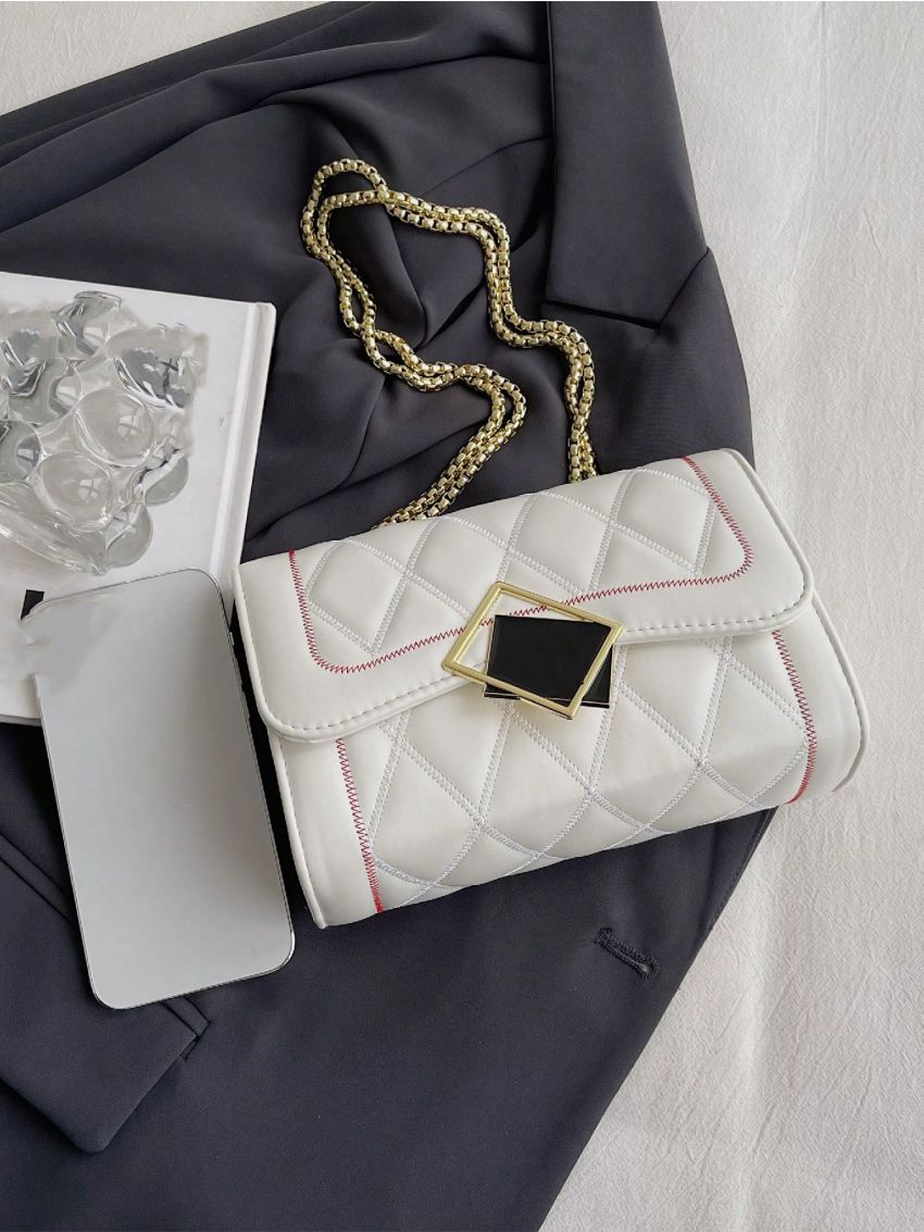 PU Square Bag Lozenge Pattern Metal Decor Flap Chain White