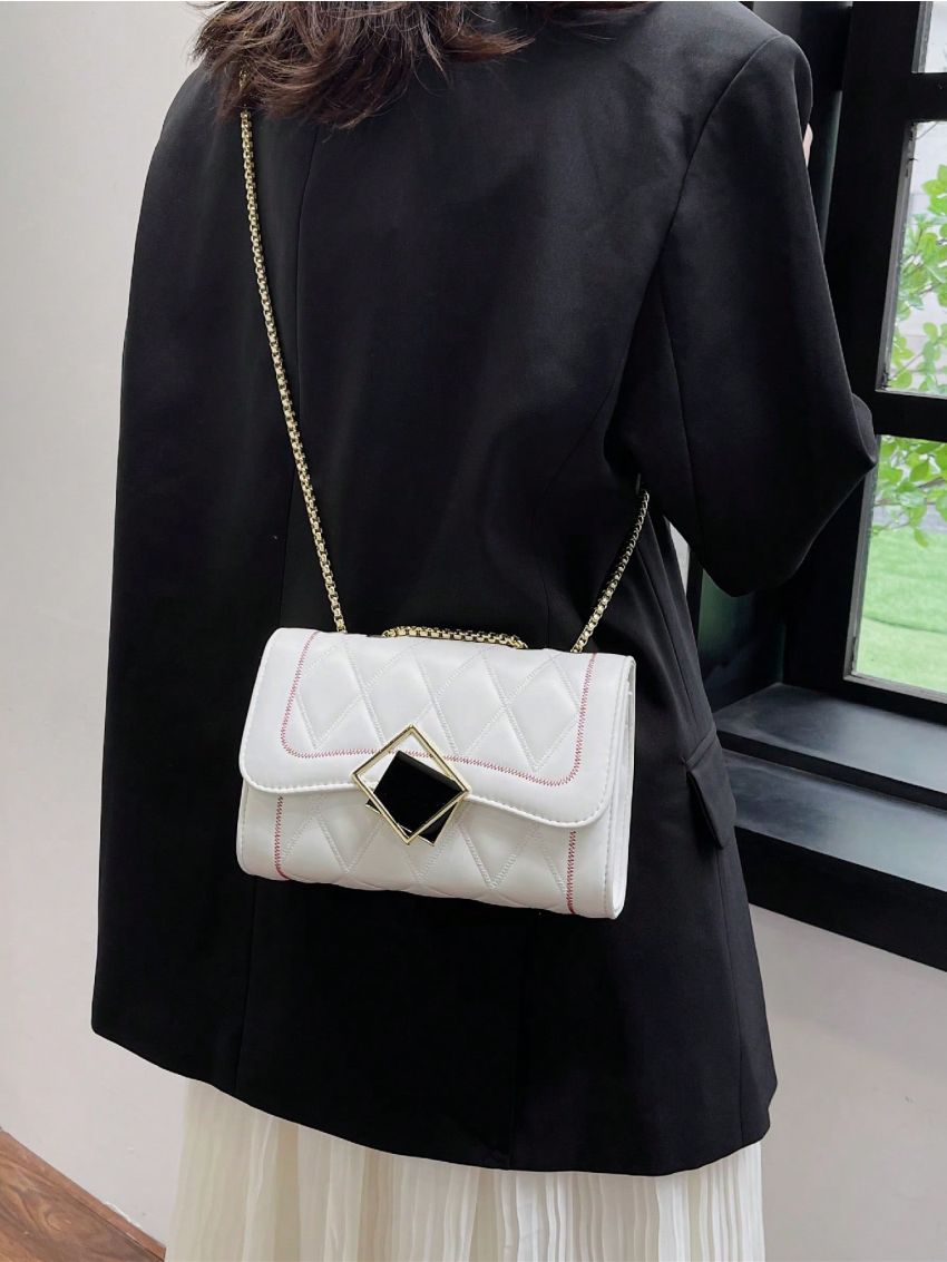 PU Square Bag Lozenge Pattern Metal Decor Flap Chain White