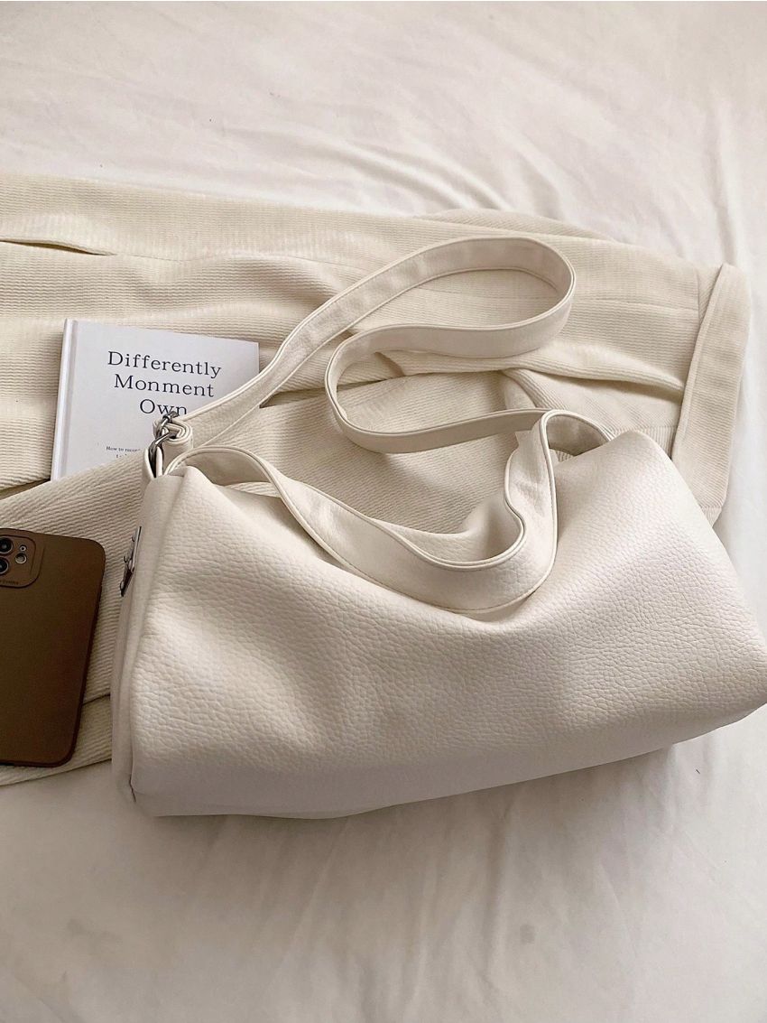 PU Hobo Bag Litchi Embossed Zipper Adjustable Strap White