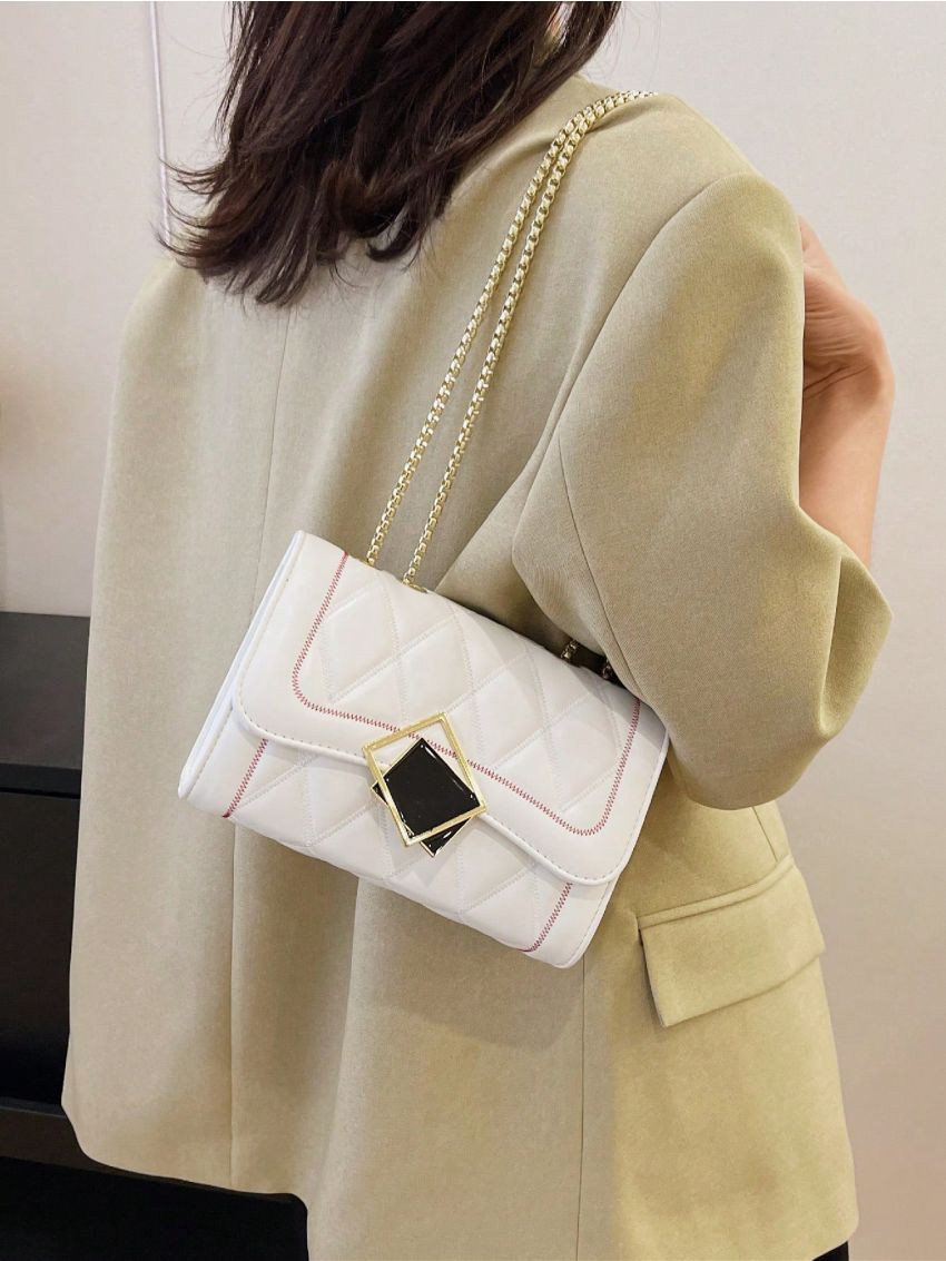PU Square Bag Lozenge Pattern Metal Decor Flap Chain White