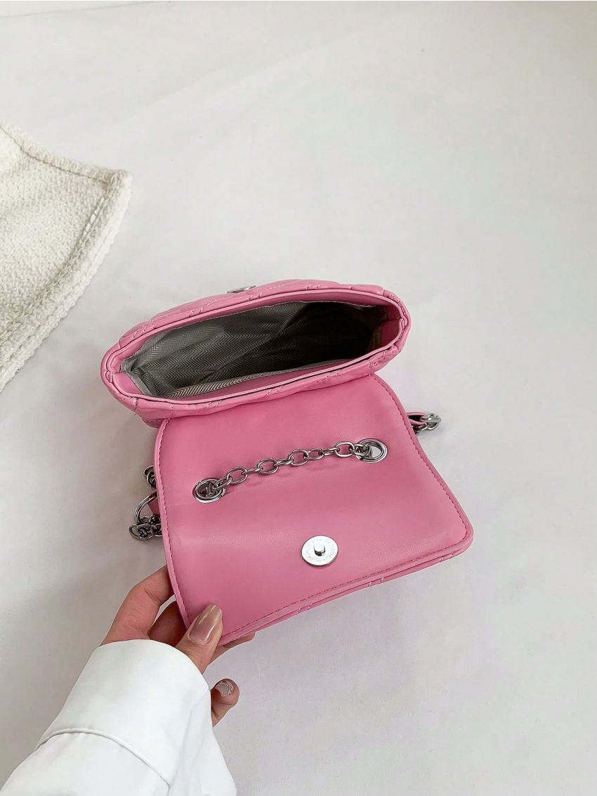Mini PU Square Bag Letter Patch Decor Quilted Detail Flap Chain